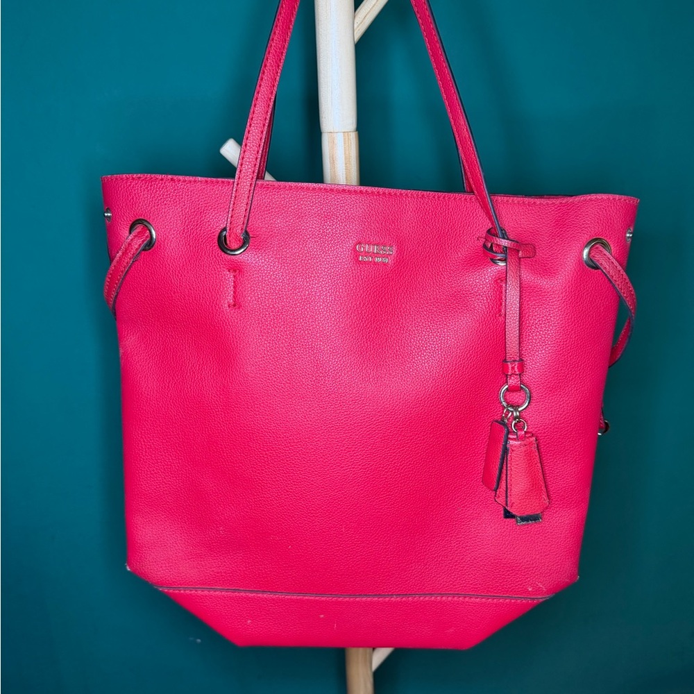 GUESS Red Pebbled Leather Tote with Charm